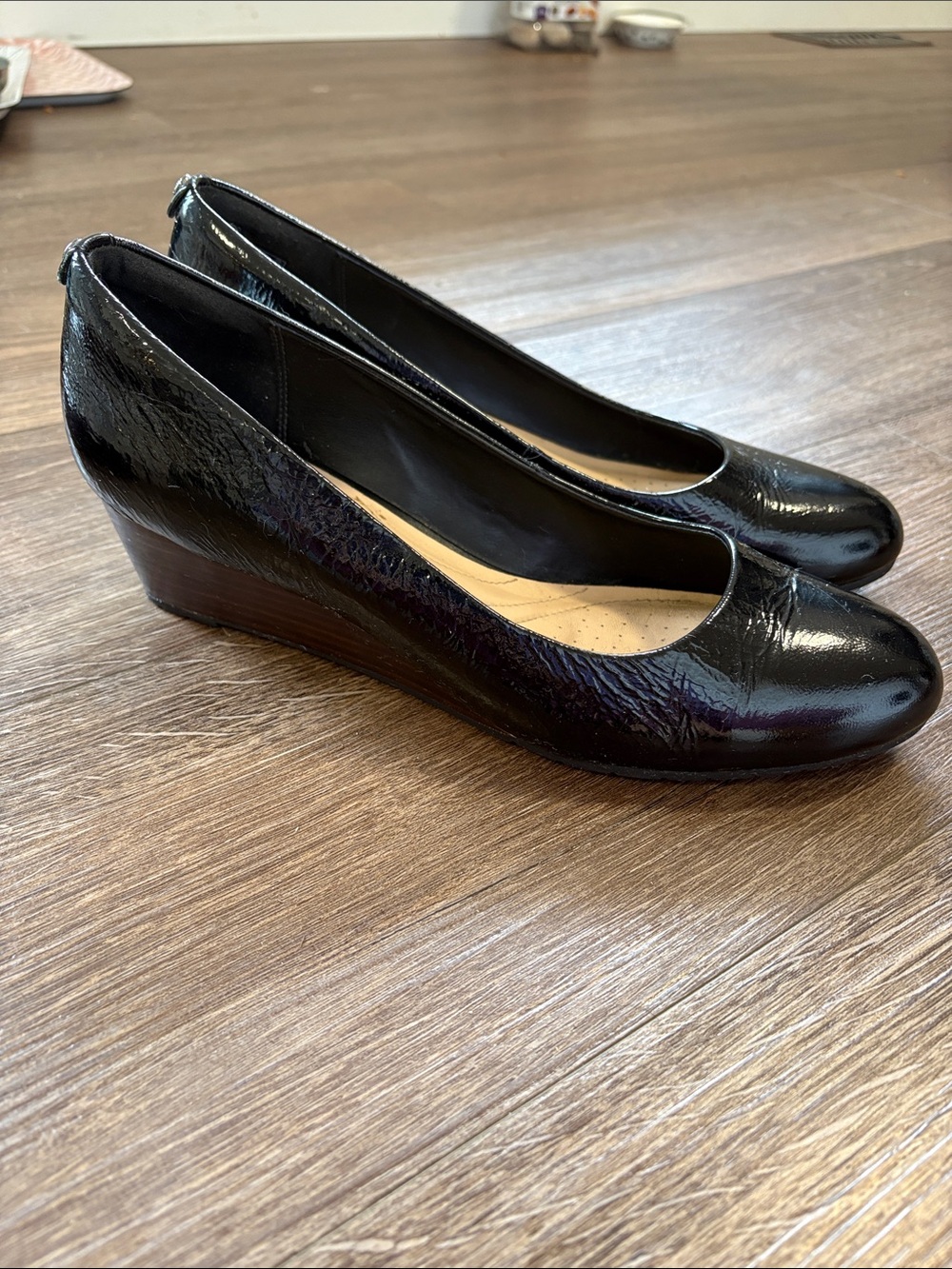 Clarks Black Patent Wedge Pumps